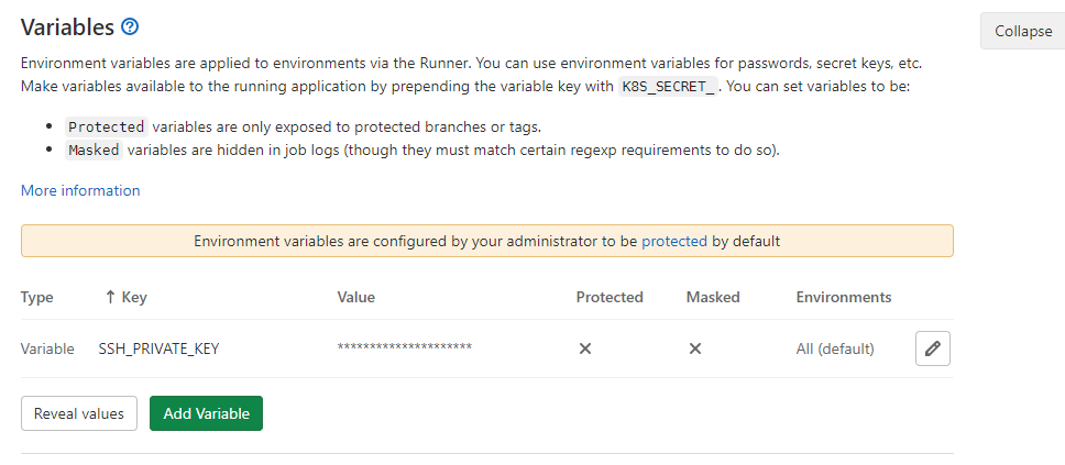 Configuration for continuous deployment variables in GitLab