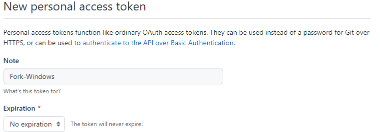 A screenshot of the page to create a Personal Access Token in GitHub