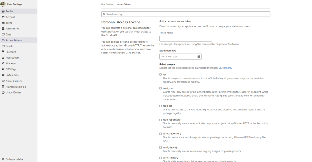 A screenshot of the gitlab access tokens page