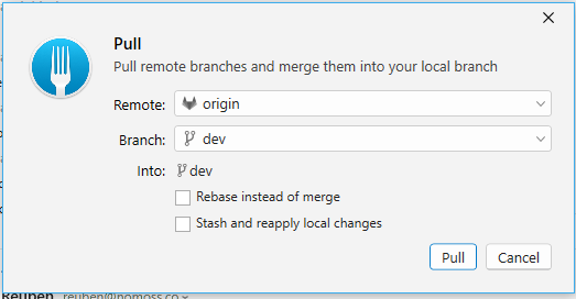 A screenshot of Fork's pull dialog box
