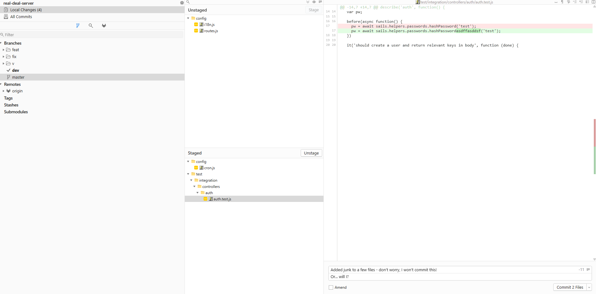 A screenshot of some staged changes ready to commit