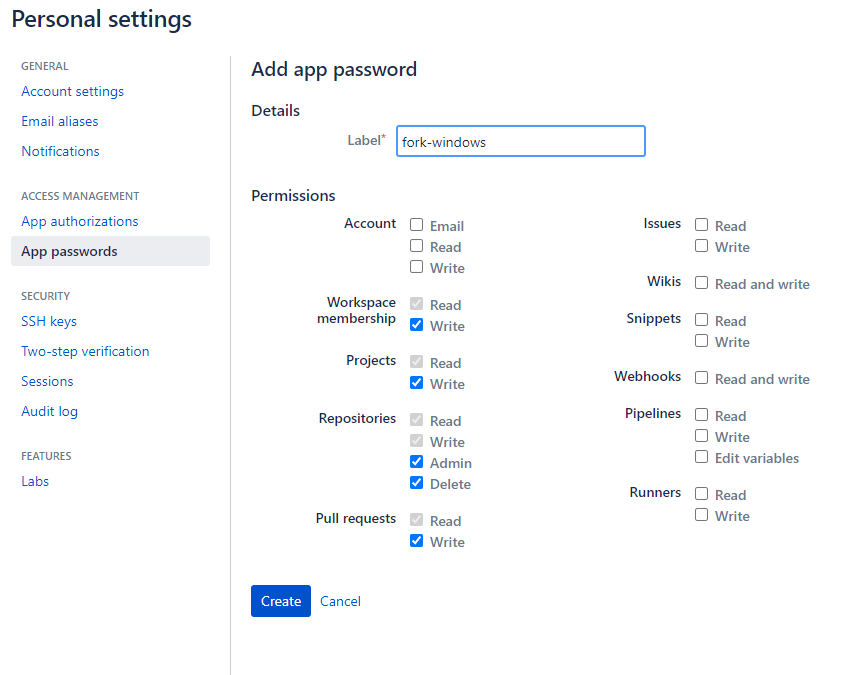 A screenshot of the Personal Access Token creation page
