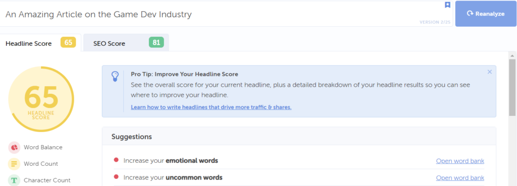 Screenshot of Headline Studio's dashboard.