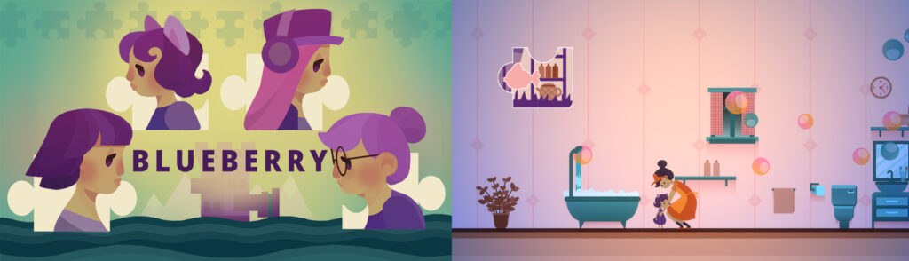 Blueberry's title screen and a screenshot of in-game gameplay, featuring kid Blueberry in the bathroom with her mother.
