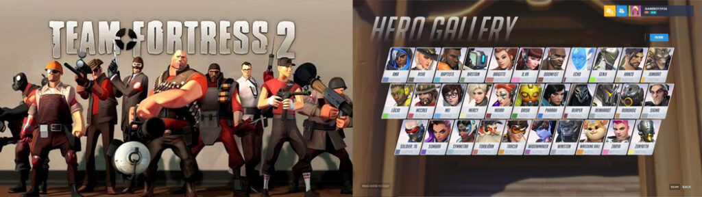 Screenshot of Team Fortress 2 and Overwatch, and their roster of playable characters.