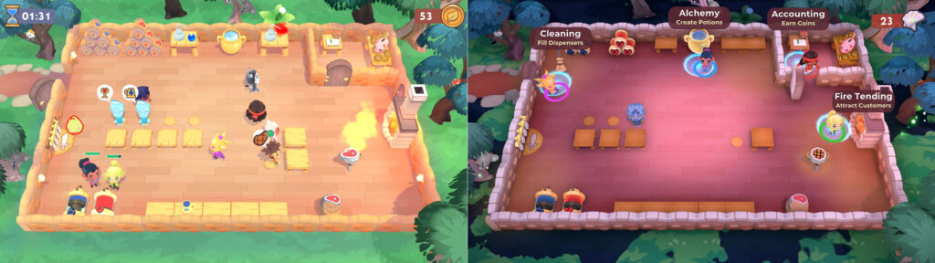 Screenshots of in-game gameplay, featuring the magical inn and the playable characters.