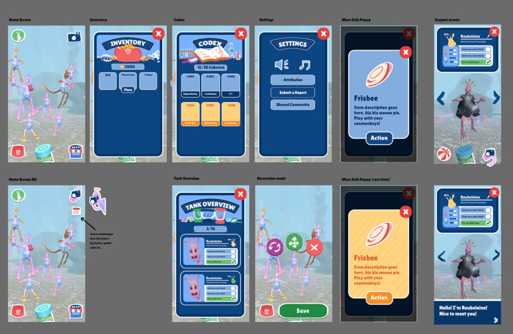 Sketches/mockups of all the interfaces in the mobile game!