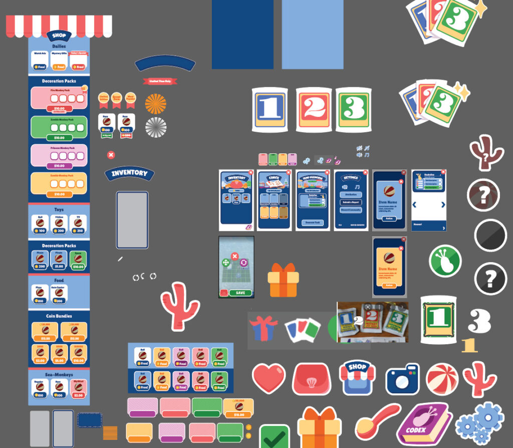 Screenshot of the buttons of different shapes, scale, textures and colours in-game.