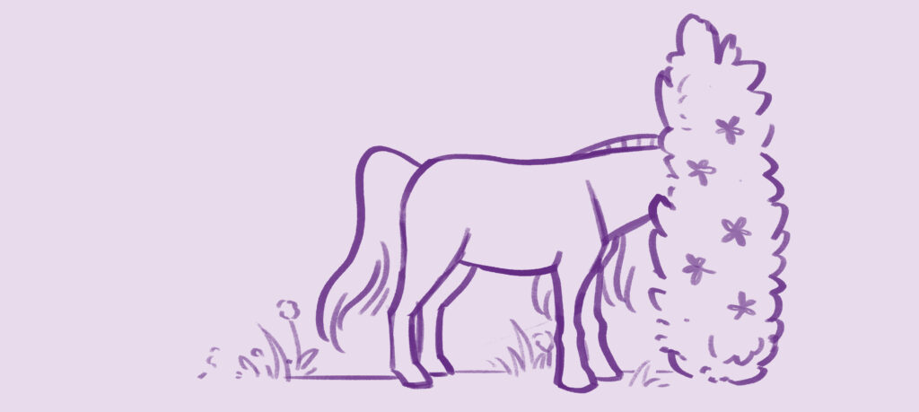 An illustration of a horse hiding its head in a bush.