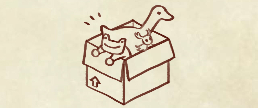Illustration of Unpacking, Frog Detective and Untitled Goose Game.