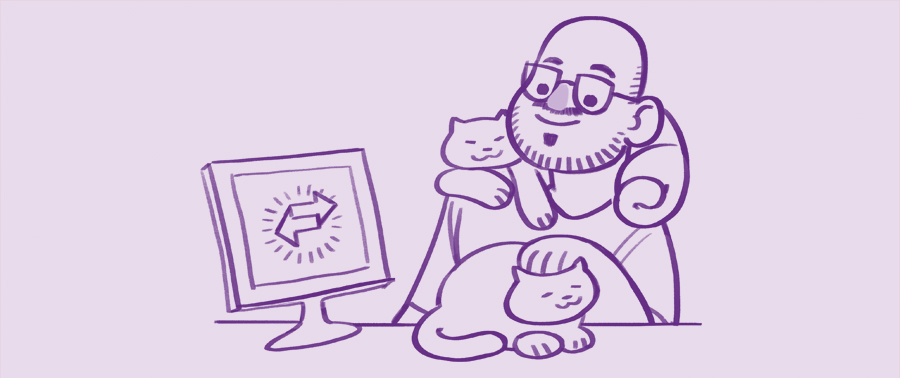 An illustration of Marty, a senior multiplayer networking developer, with his cats and computer.