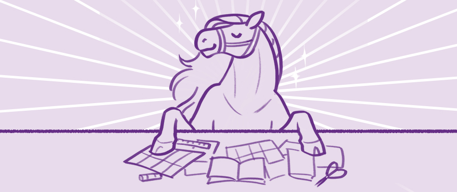 An illustration of a horse in front of a table of zines.