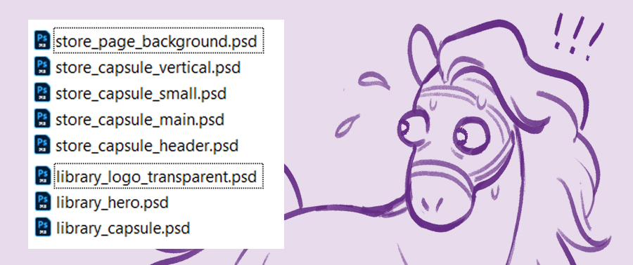 An illustration of horsey staring fearfully at the list of graphical assets required by Steam.