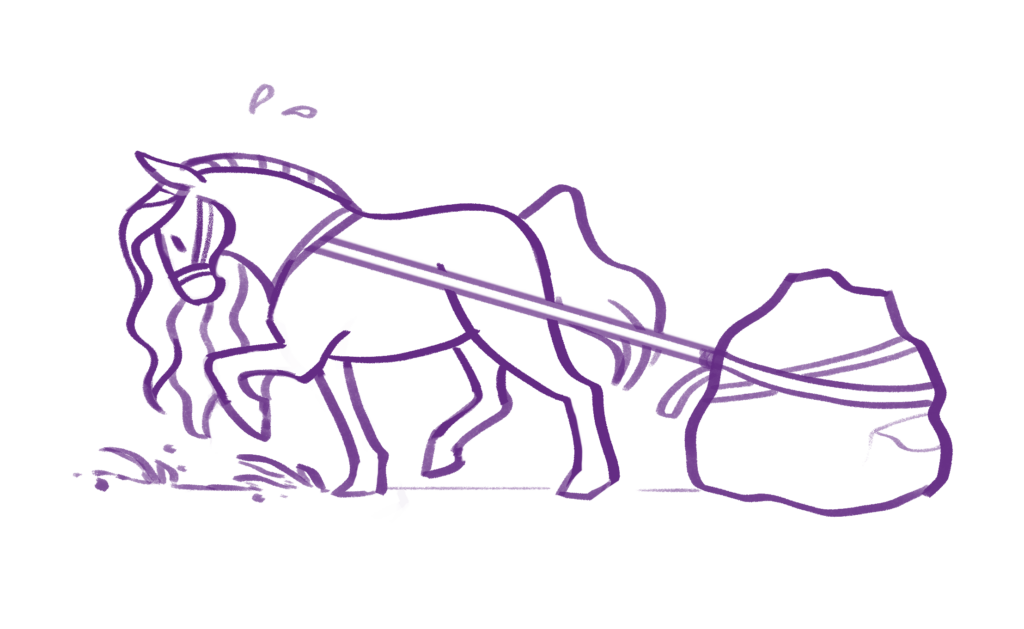 An illustration of a horse pulling a heavy rock.