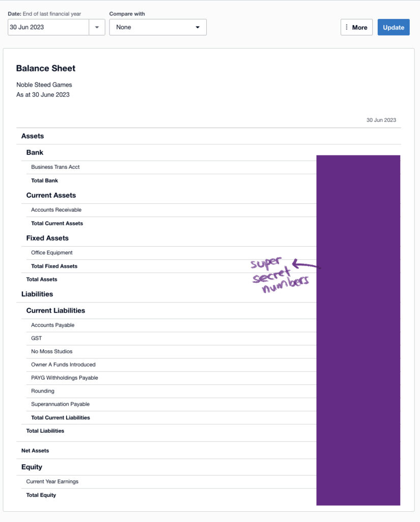 Sample screenshot of a balance sheet, generated from Xero.