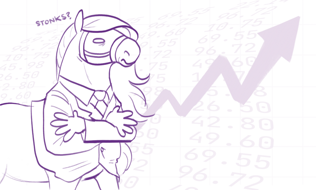 Illustration of horsey as a businessman, standing in front of a stock market chart.