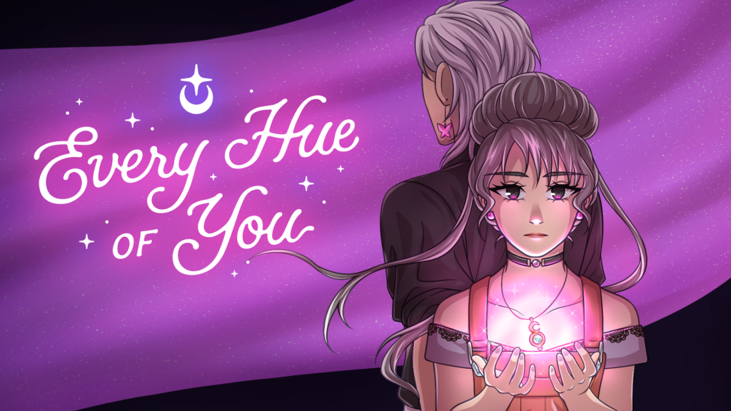 An illustration of Twyla and Lao in half body shot. She is cupping her necklace as it glows a bright pinkish purple around her neck. Behind her and faced away from the camera is Lao. To the left of them both is the game's title: "Every Hue of You."