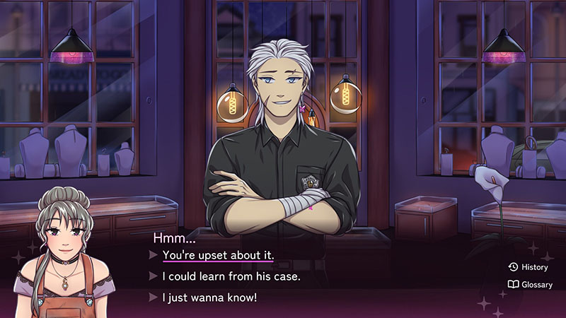 A screenshot of Every Hue of You. Lao is framed in a half body shot an facing the player. Behind him is the shop and windows to the street outside. In the foreground is a dialogue box, with an illustration of Twyla's portrait on the left and some dialogue options to the right.