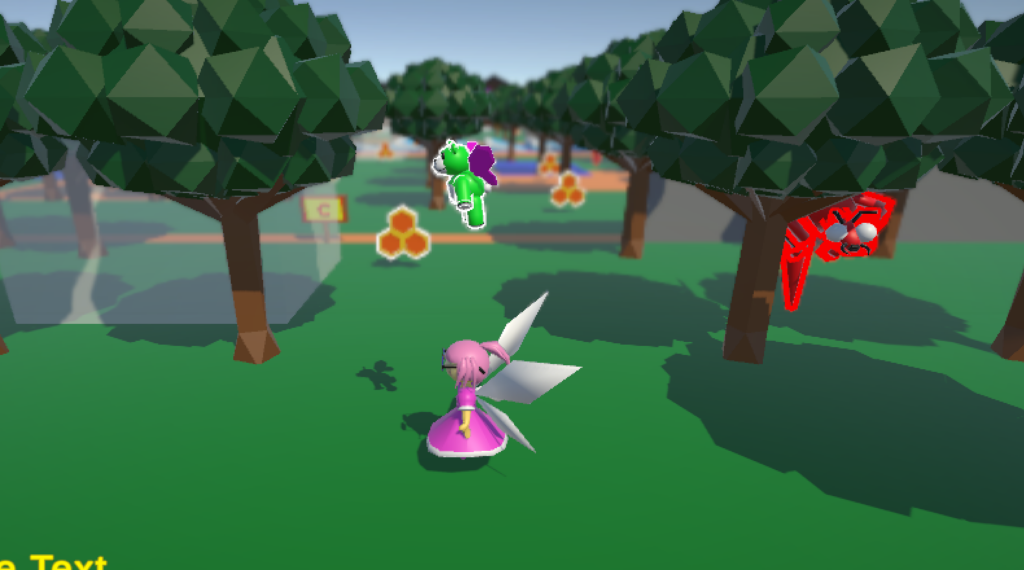 Screenshot of Honeycomb Festival, where Lynette the fairy is in the middle, of a field of trees, dressed in pink. In the area are some collectible honeycombs, her green coloured guide teddy bear, and a red and dangerous looking hornet.