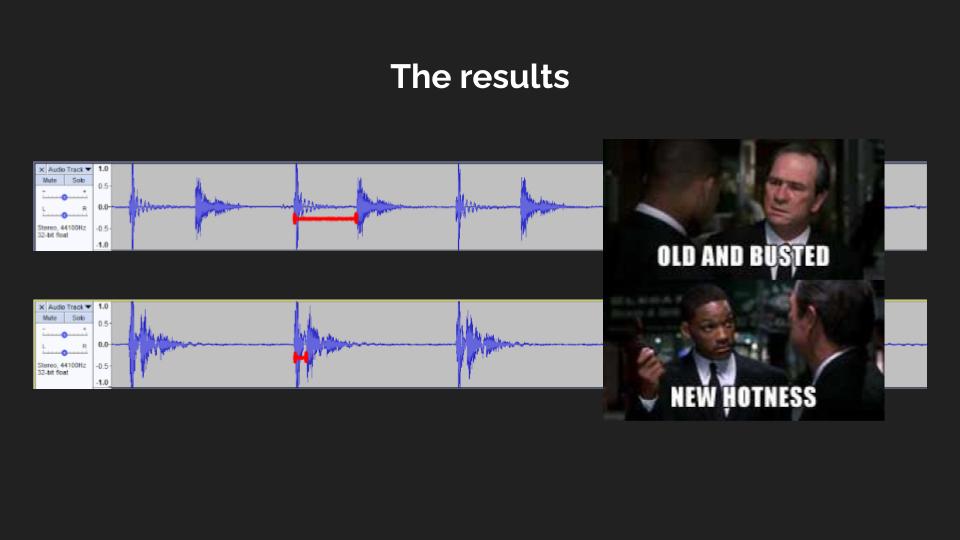 A screenshot of one of Evan's presentation slides. It shows the response time between hitting a key and hearing in a sound, via a soundwave clip. Next to it is a meme from Men in Black II with captions "Old and Busted" and "New Hotness".