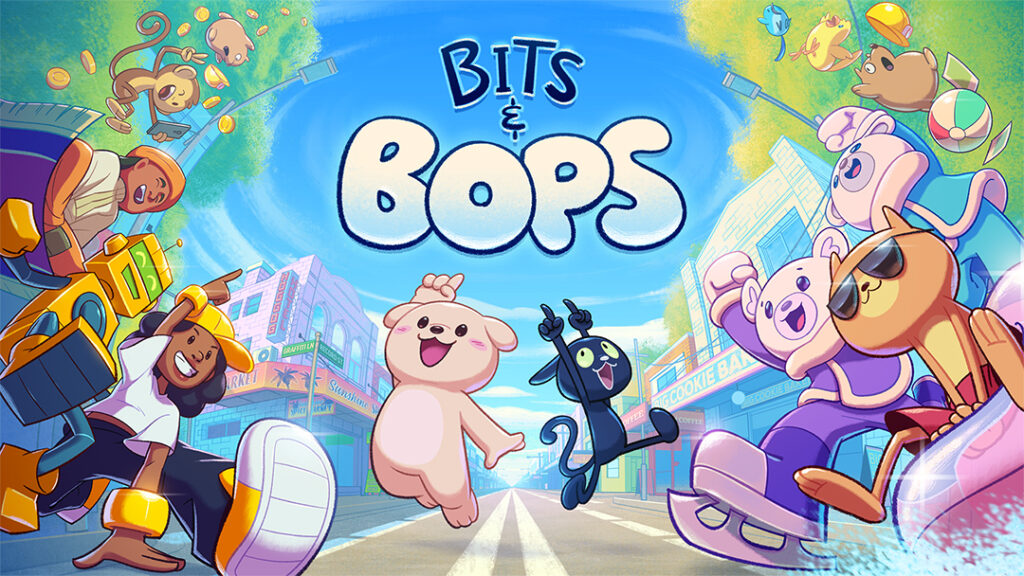 The cover art for Bits & Bops. The title of the game is centered in the middle of the illustration, with various in-game characters surrounding it.