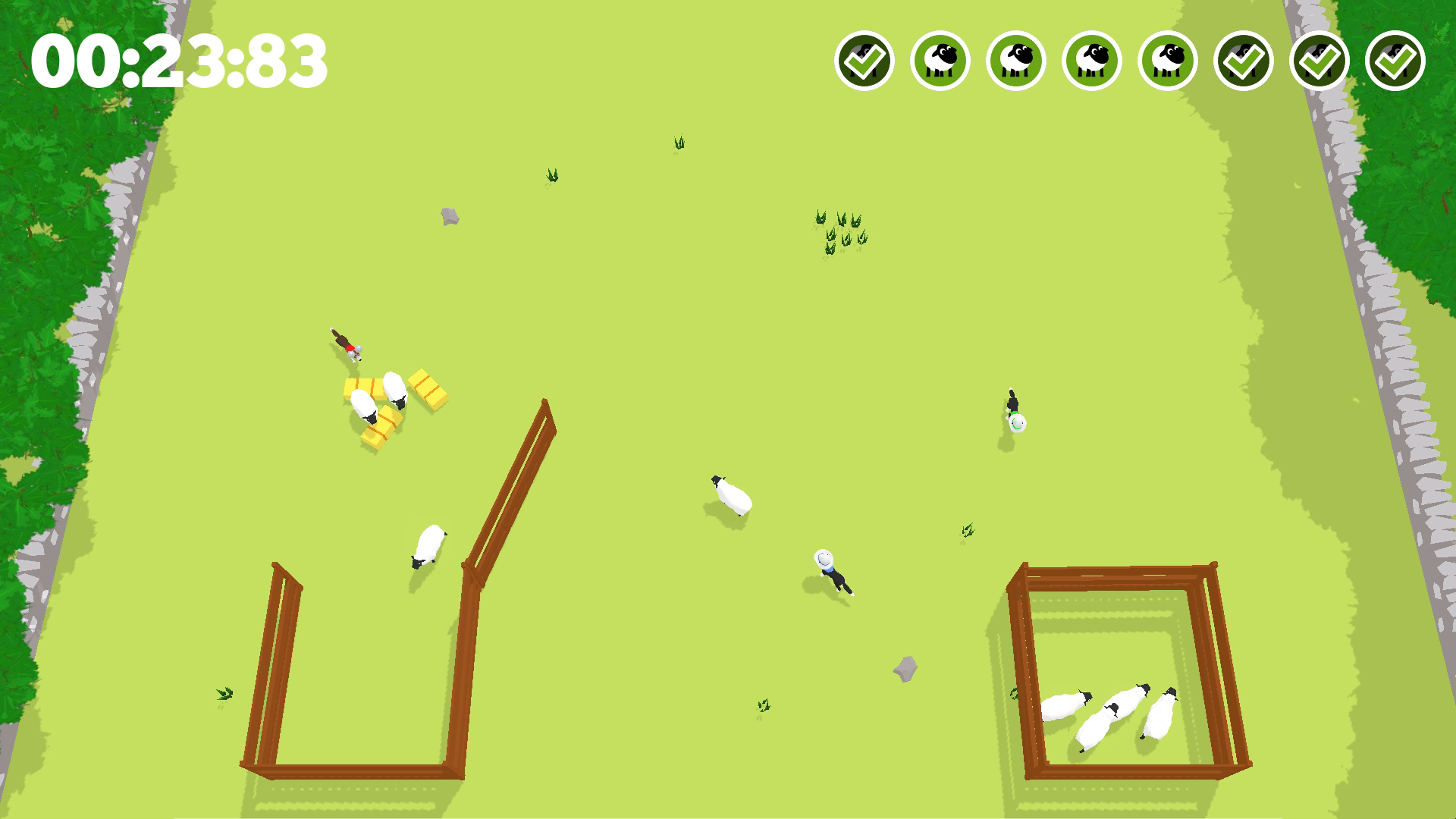 A screenshot of Too Many Sheep. It shows a green field with two pens at the bottom two corners. Various sheep and sheep dogs are scattered about. To the top left corner is a counter for the time that has elapsed in the game.