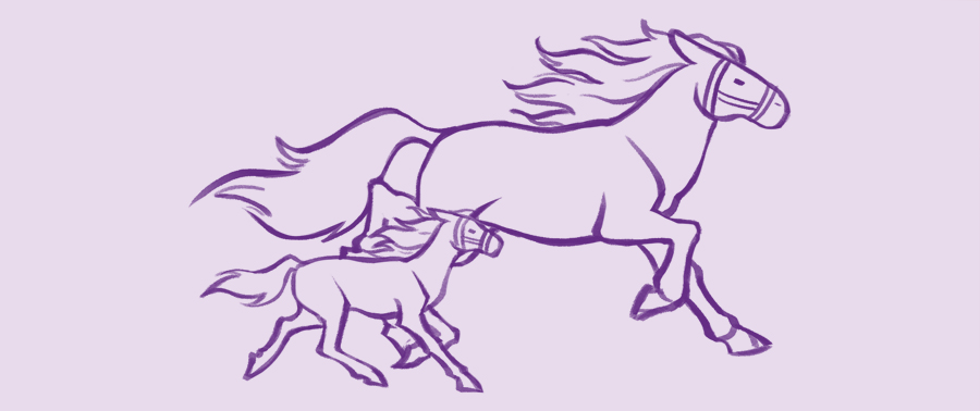 An illustration of a horse and a foal trotting side by side.