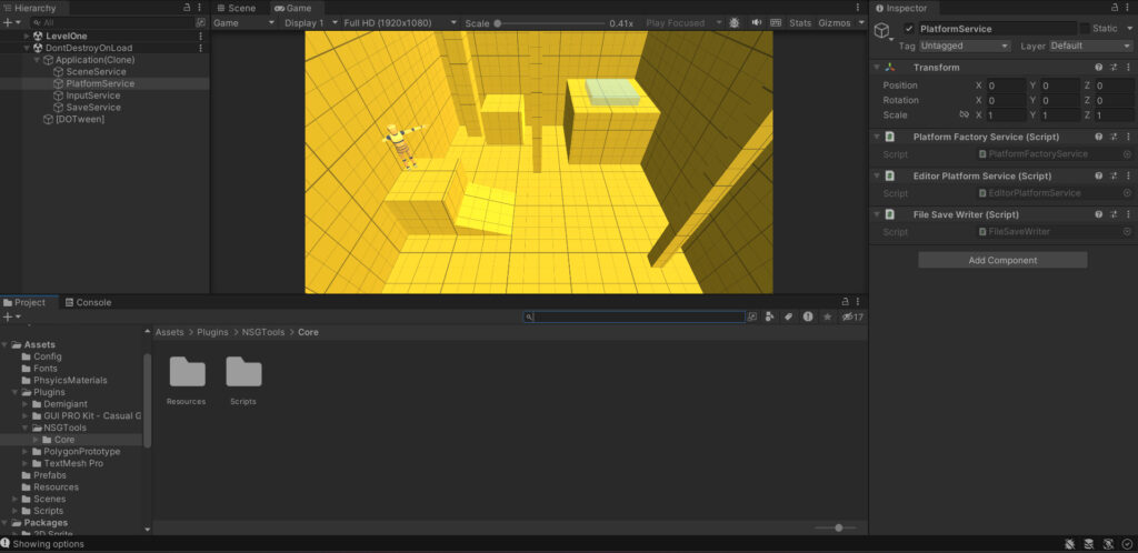 Screenshot of Porto's Adventure in Unity Editor. We're on the first level, which is mostly yellow blocks with a yellow character hopping around.