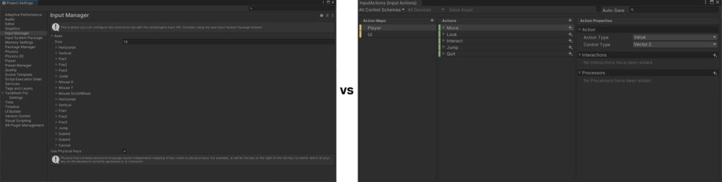 Screenshots of the Input Manager and New Unity Input System.