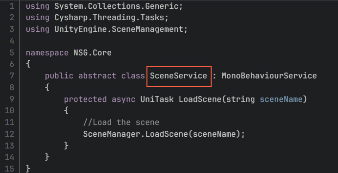 Screenshot of SceneService and how it loads scenes.
