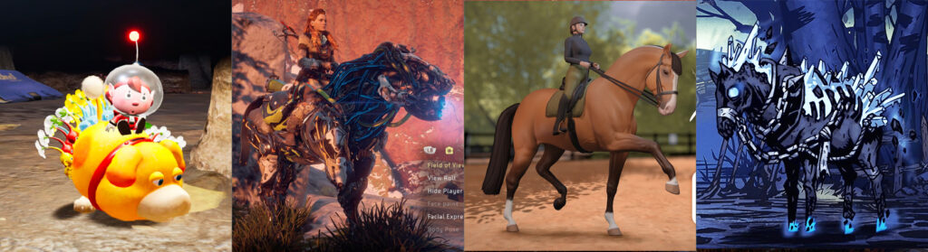Screenshot of the "horses" from Pikmin 4, Horizon Zero Dawn, Astride and Darkest Dungeon 2.
