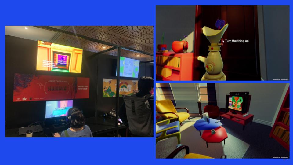 Screenshot of Scott's slides, showing images of the demo shown at SXSW last year, with the player controlling the character in first-person.