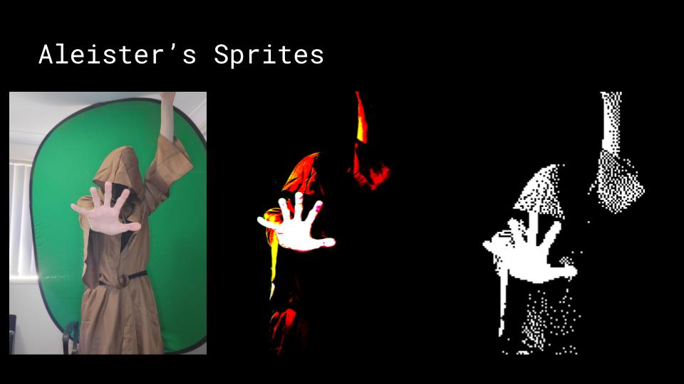 A screenshot of the demonologist Aleister's Sprites, from photos to editing for harsh lighting, to crushing it into pixels.