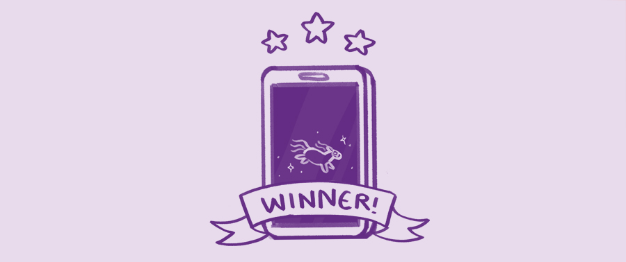 An illustration of a mobile phone with 3 stars above it and a ribbon labelled 'Winner'.