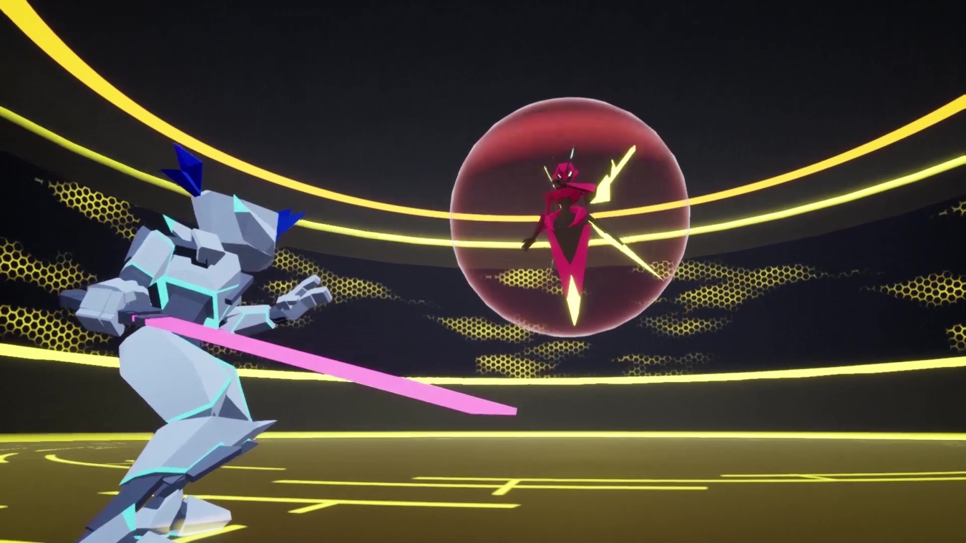 A screenshot of some characters fighting within Katana Rama. They are both low poly and mech-like, with the main character bracing to attack in the foreground.