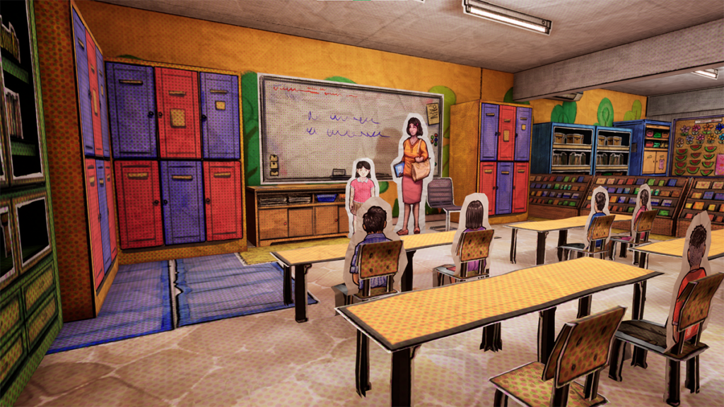 A screenshot of a classroom in Paper Ghost Stories. The characters and objects are all in the style of paper cutouts.