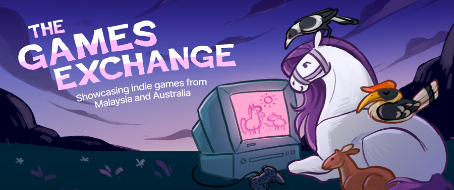 The key art for the Games Exchange. It shows a horse laying in the meadows infront of a TV and some game consoles. A magpie and hornbill sit atop it, whilst a mousedeer lays by its side.