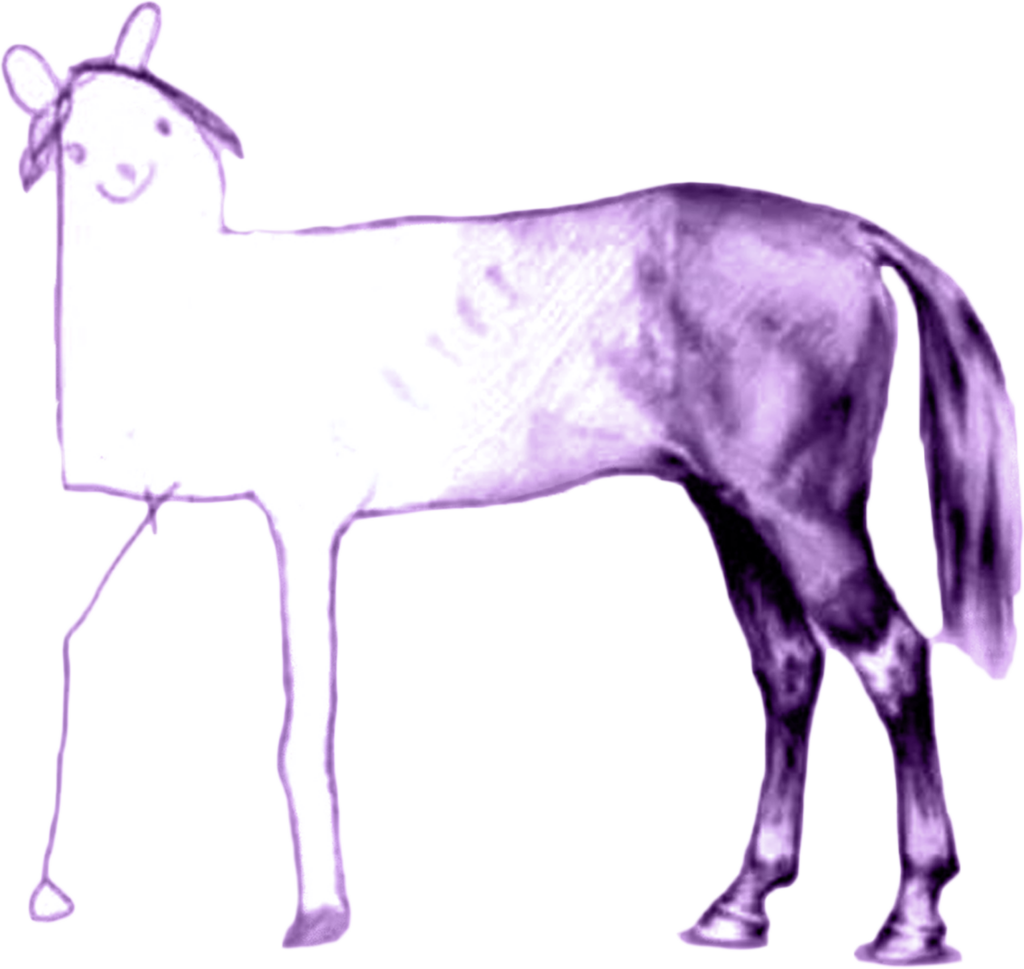 An illustration of a poorly drawn horse, with its back half highly detailed and rendered.