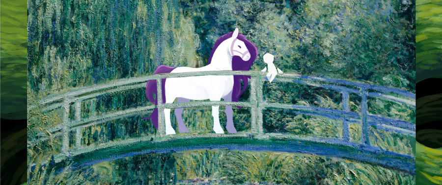 An illustration of Horsey and The Master's Pupil's titular calendar on a bridge from one of Monet's paintings.