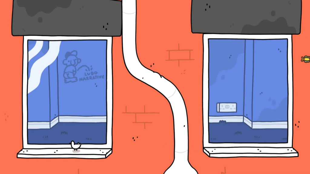 A screenshot of Thank Goodness You're Here, with two window panels side by side. On the left is a doodle of a man pissing on the text "Ludo Narrative".
