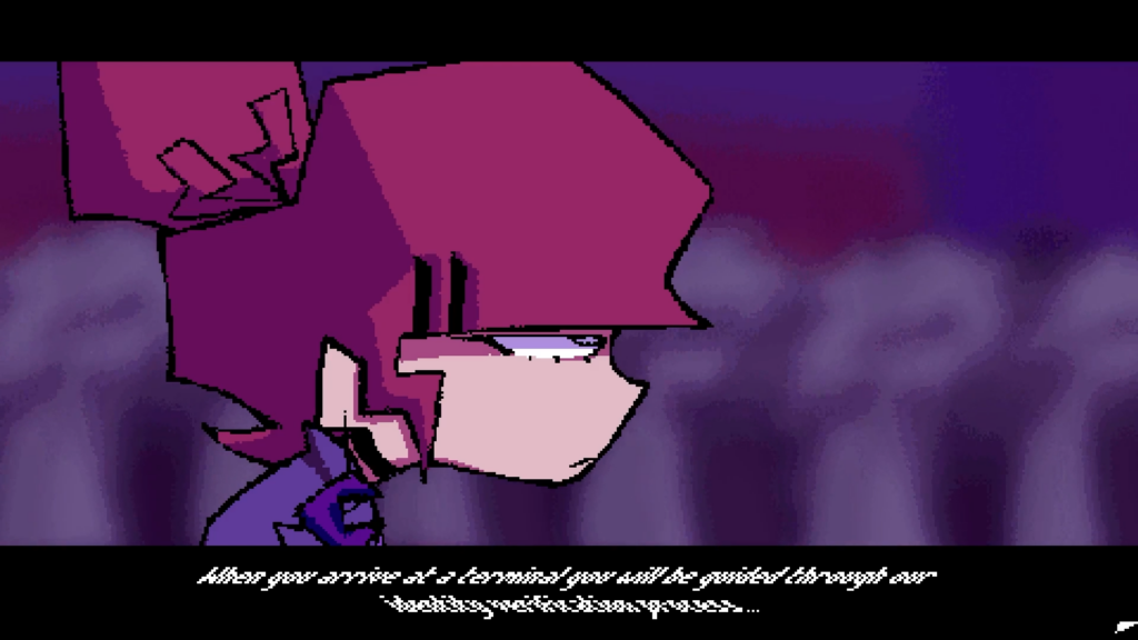 A screenshot of Mindwave, with the protagonist waiting in line. The dialogue in the dialogue box is heavily warped.