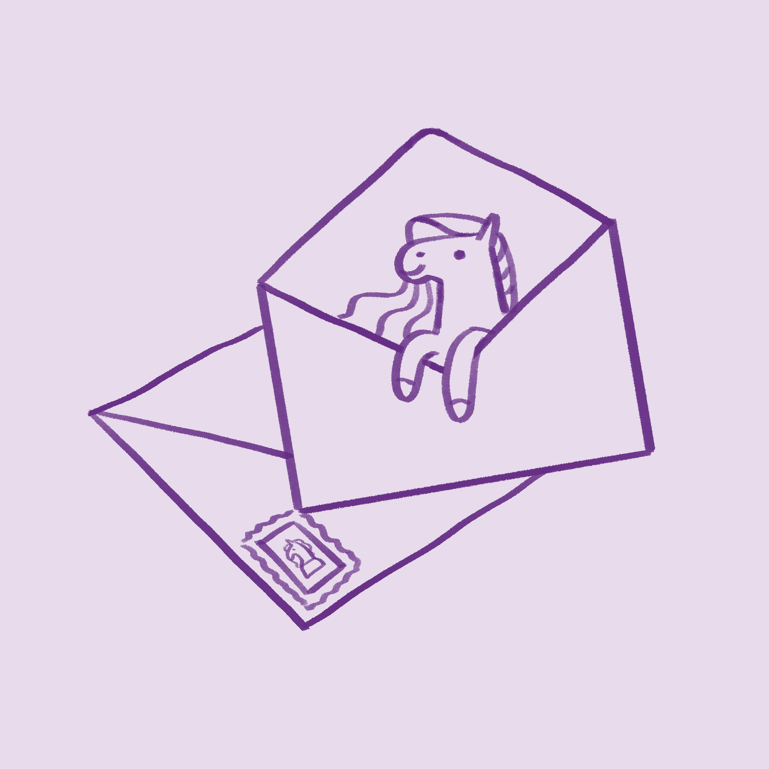 An illustration of some envelopes, with one open and a small Horsey popping out from it.