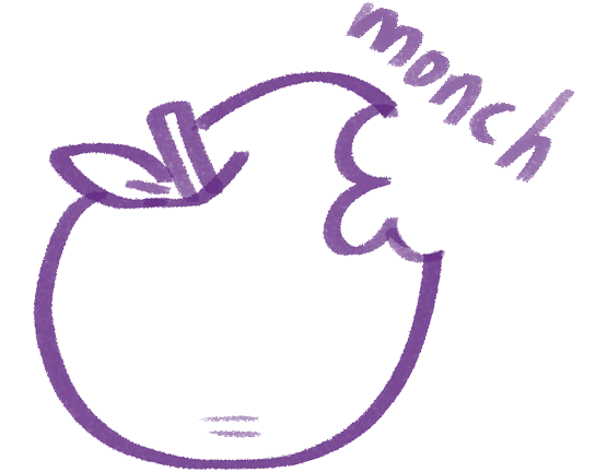 An illustration of an apple with a bite mark on it. It's labeled 'monch.'