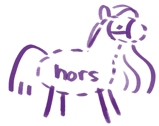 An illustration of horsey, but with a dotted outline. It looks unfinished, and its body has a label saying 'hors'.