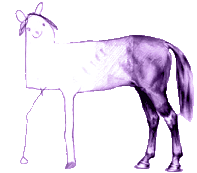 An animated drawing of Horsey. One half of horsey is rendered in great detail, meanwhile the other half is a childish doodle. Horsey's front leg is animated to raise and fold.
