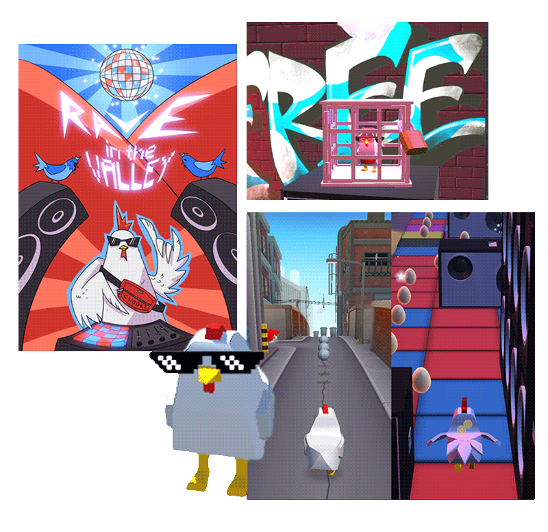 Collage of screenshots showing Techno Chicken's early concepts to finished prototype.
