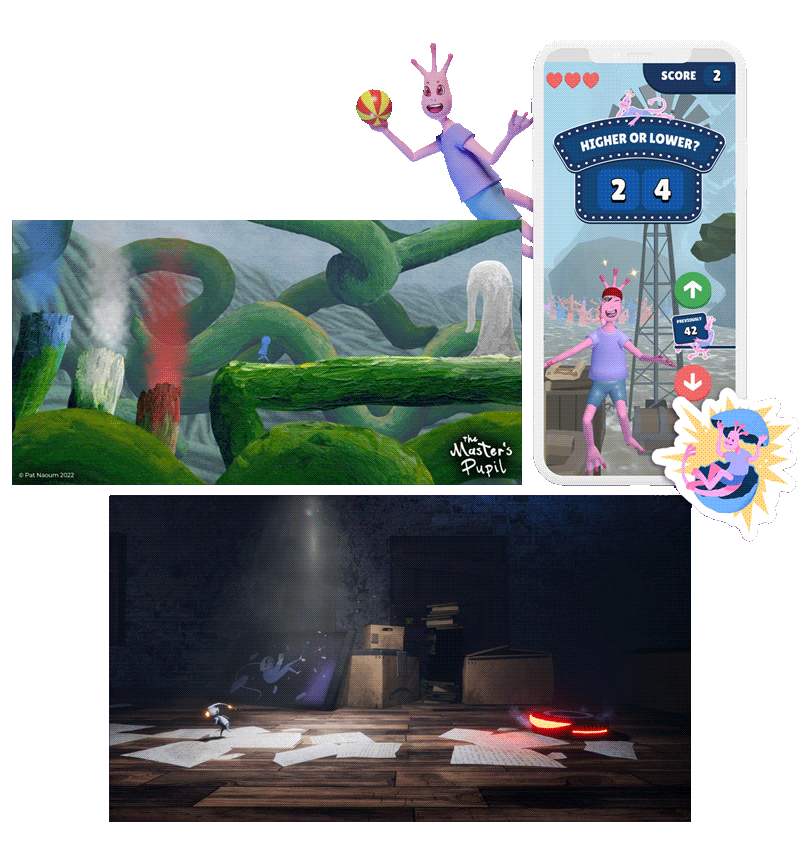 Collage of screenshots for Sea-Monkeys:Zen Aquarium, The Master's Pupil and A Tale of Paper.