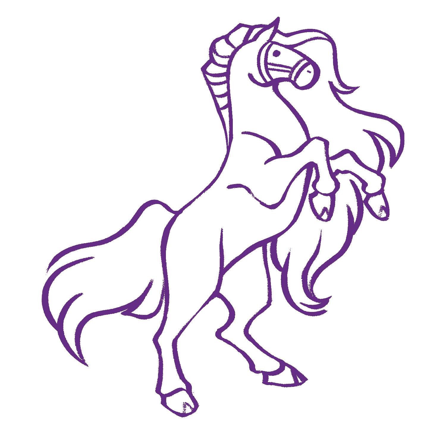 An illustration of the Noble Steed Games brand mascot, Horsey, rearing up on its hind legs.