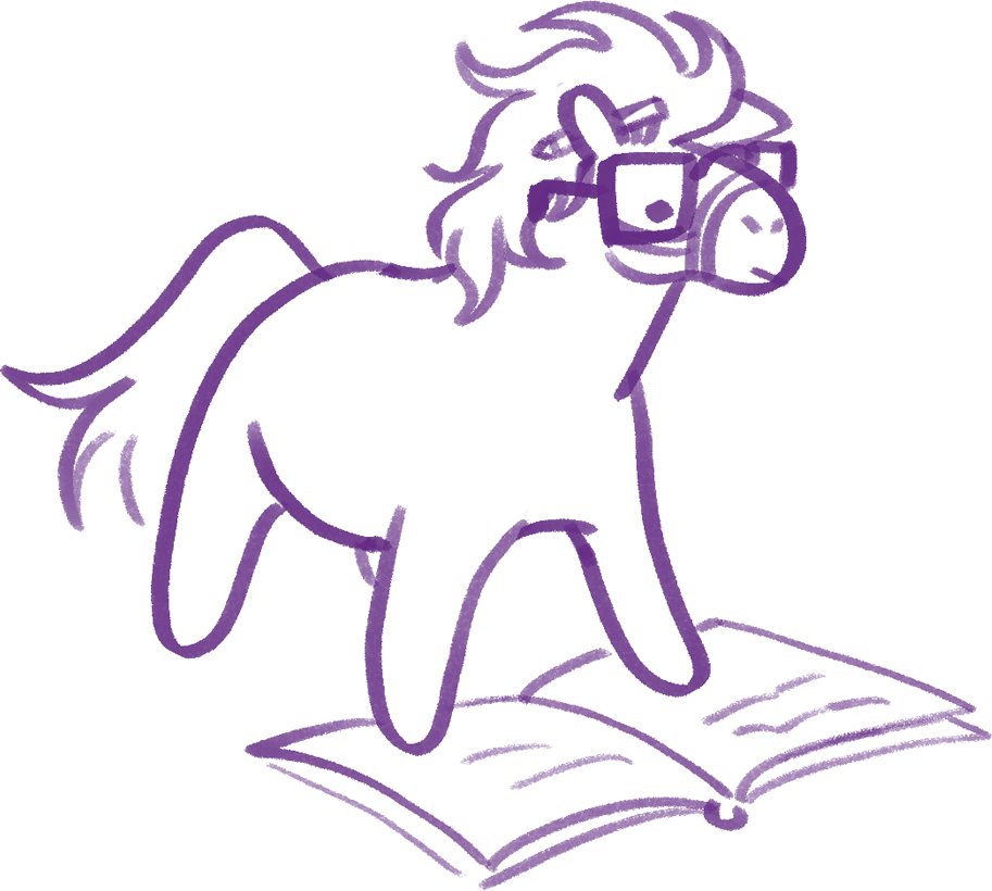 An illustration of a horse with geeky glasses and wild hair. They are studying a book.