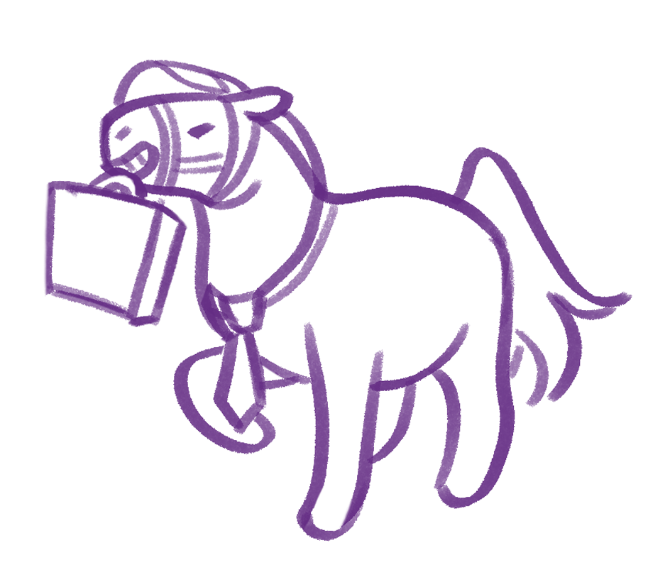 An illustration of a horse with a briefcase and tie. They look like a salesperson.